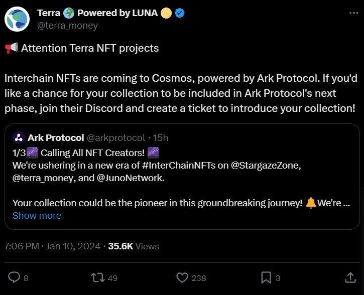 Terra (LUNA) 对 NFT 项目发布重要通知