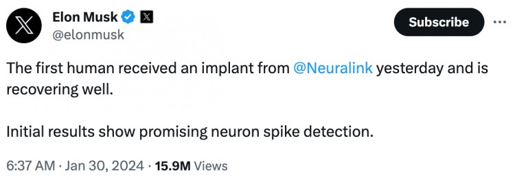 马斯克的 Neuralink 完成首次人体植入，迷因货币 Telepathy 飙升 41,000%